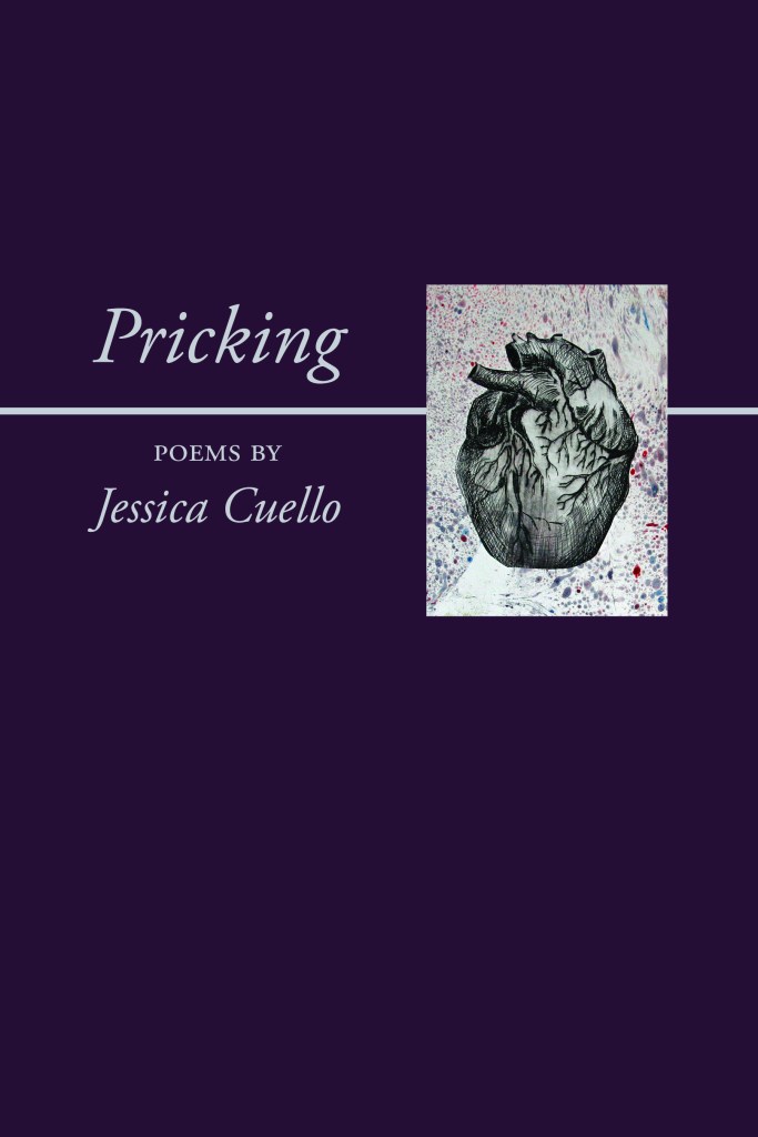 The book cover of Pricking. The cover is solid dark purple and has a small illustrated anatomical heart on the right side.